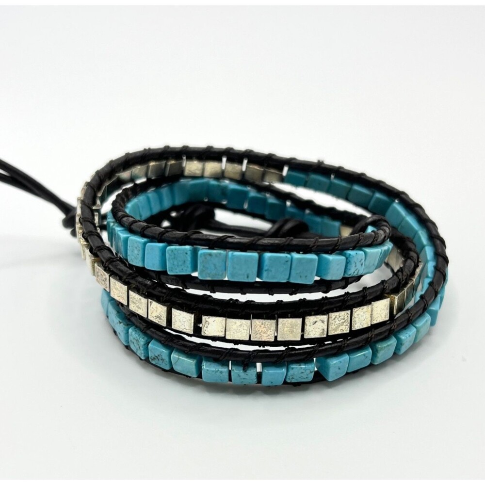 Lulu Dharma Wrap Bracelet Blue Square Beads Simulated Turquoise Black Cord Boho